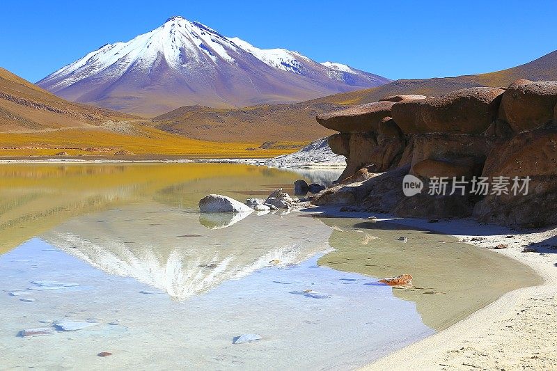 Salar de Talar和Miniques火山-绿松石湖反射和田园般的阿塔卡马沙漠，火山景观全景-圣佩德罗阿塔卡马，智利，Bolívia和阿根廷边境